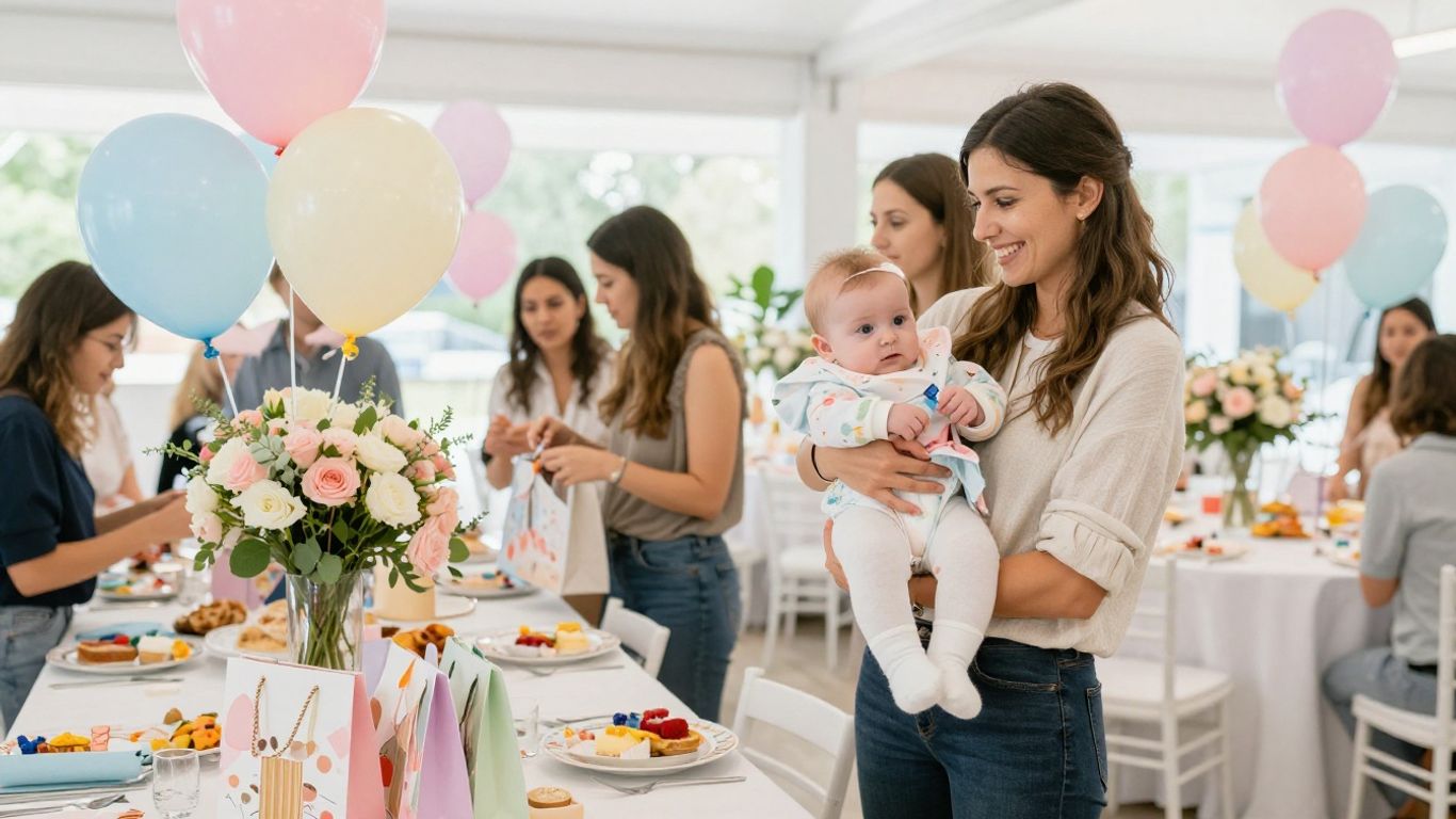 Elegant baby shower venue with decorations and happy guests.