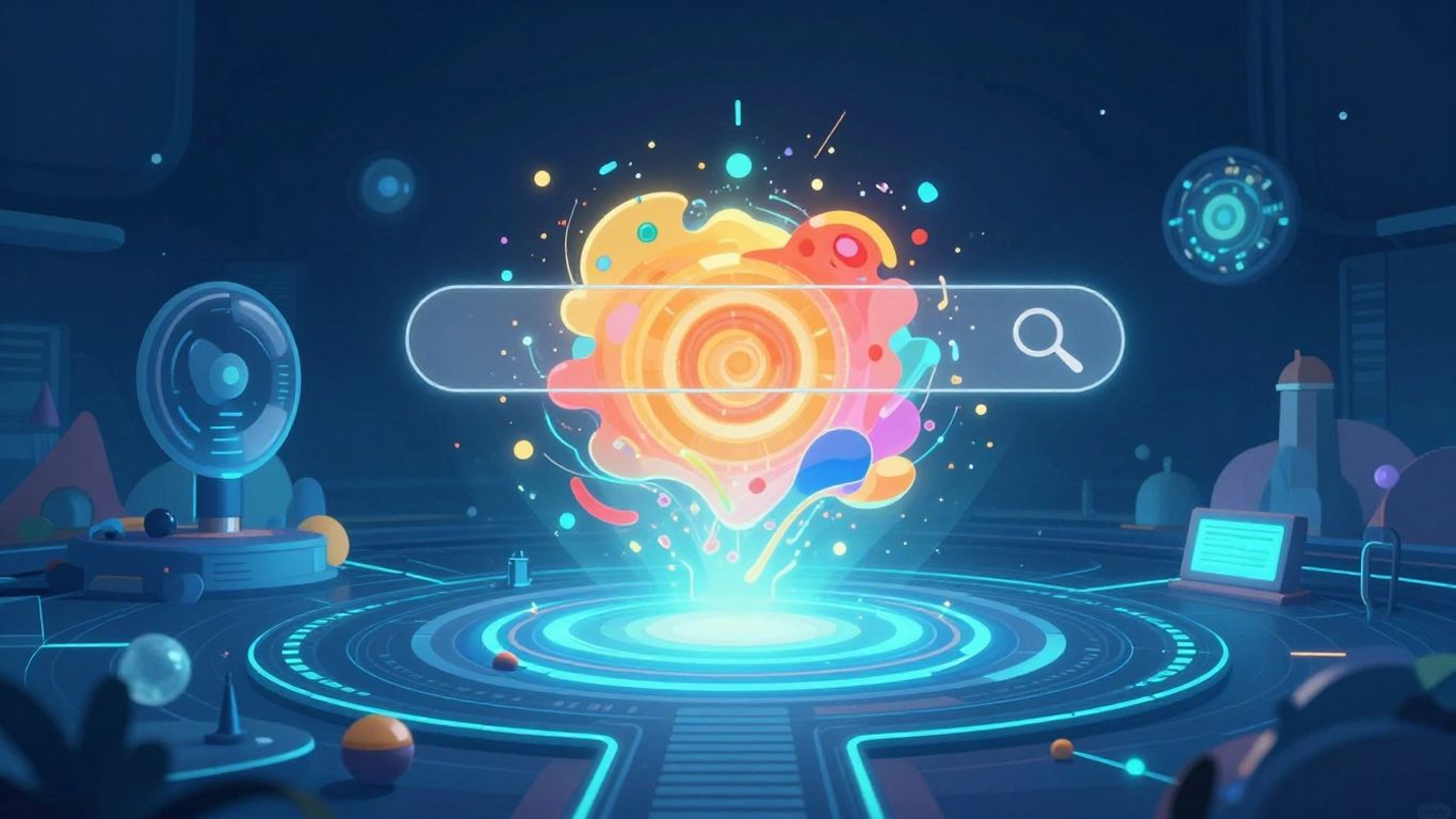 Futuristic AI search interface with glowing digital elements.