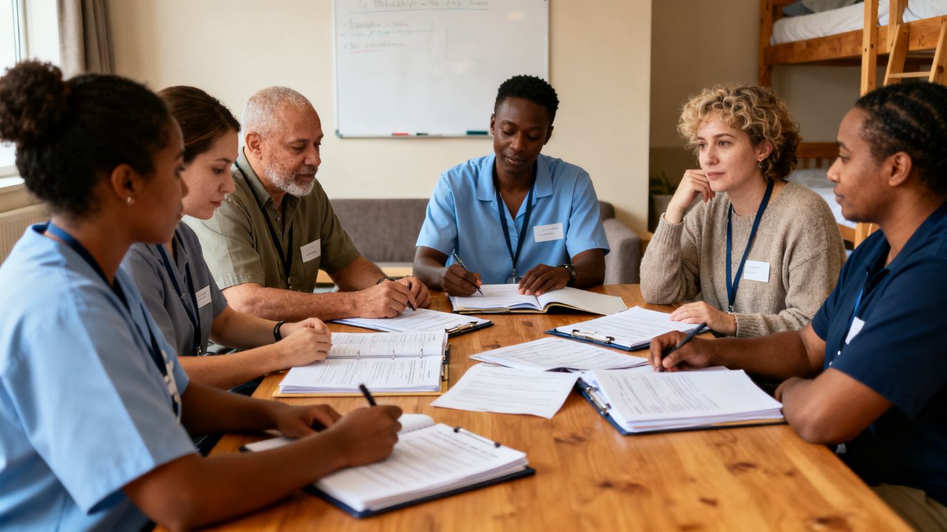 A team of support workers engaged in a collaborative case review