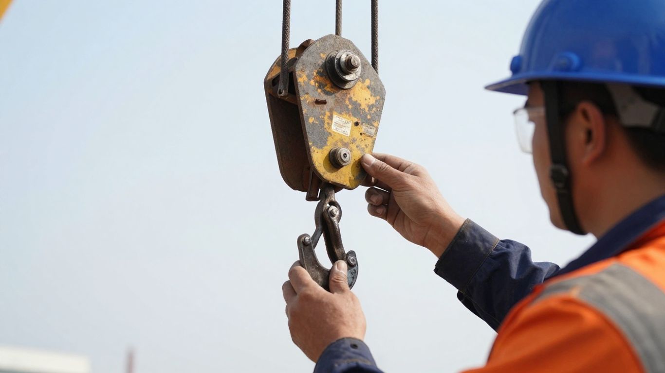 Worker inspecting jib crane hook and chain for safety.