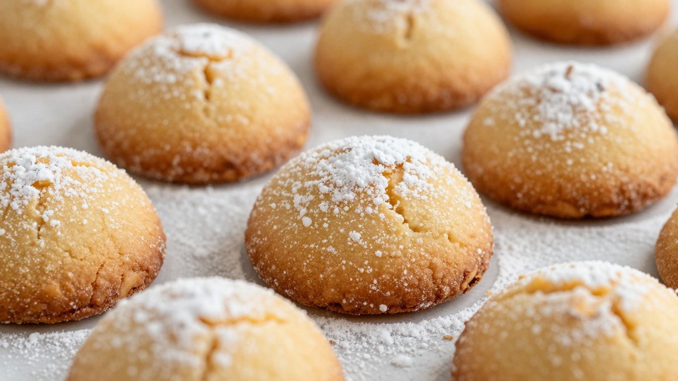 Golden Greek almond cookies dusted with powdered sugar.