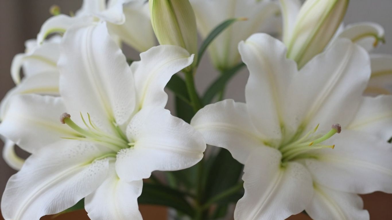 Elegant white lilies with green stems and leaves.