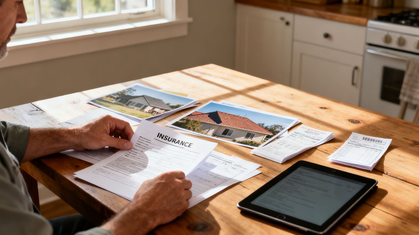 Homeowner organizing roof claim documents at kitchen table