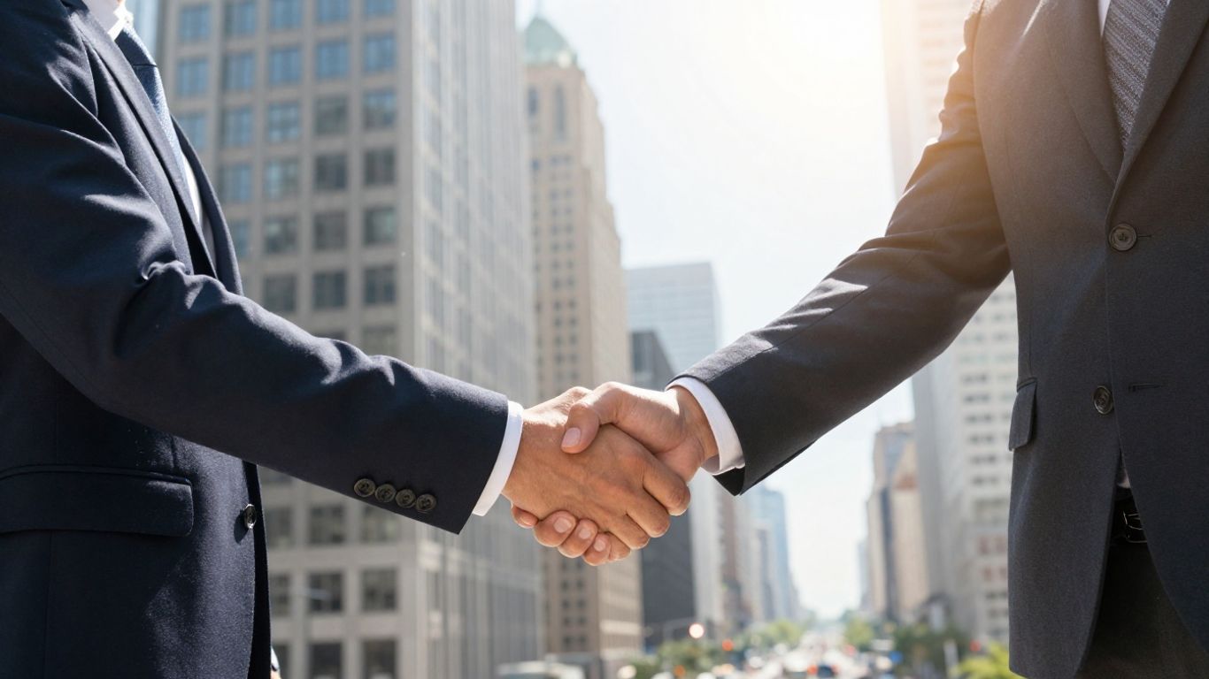 Business professionals shaking hands, city backdrop, growth.