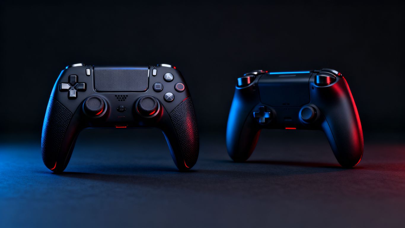 Black gaming controller with customizable controls under dramatic studio lighting