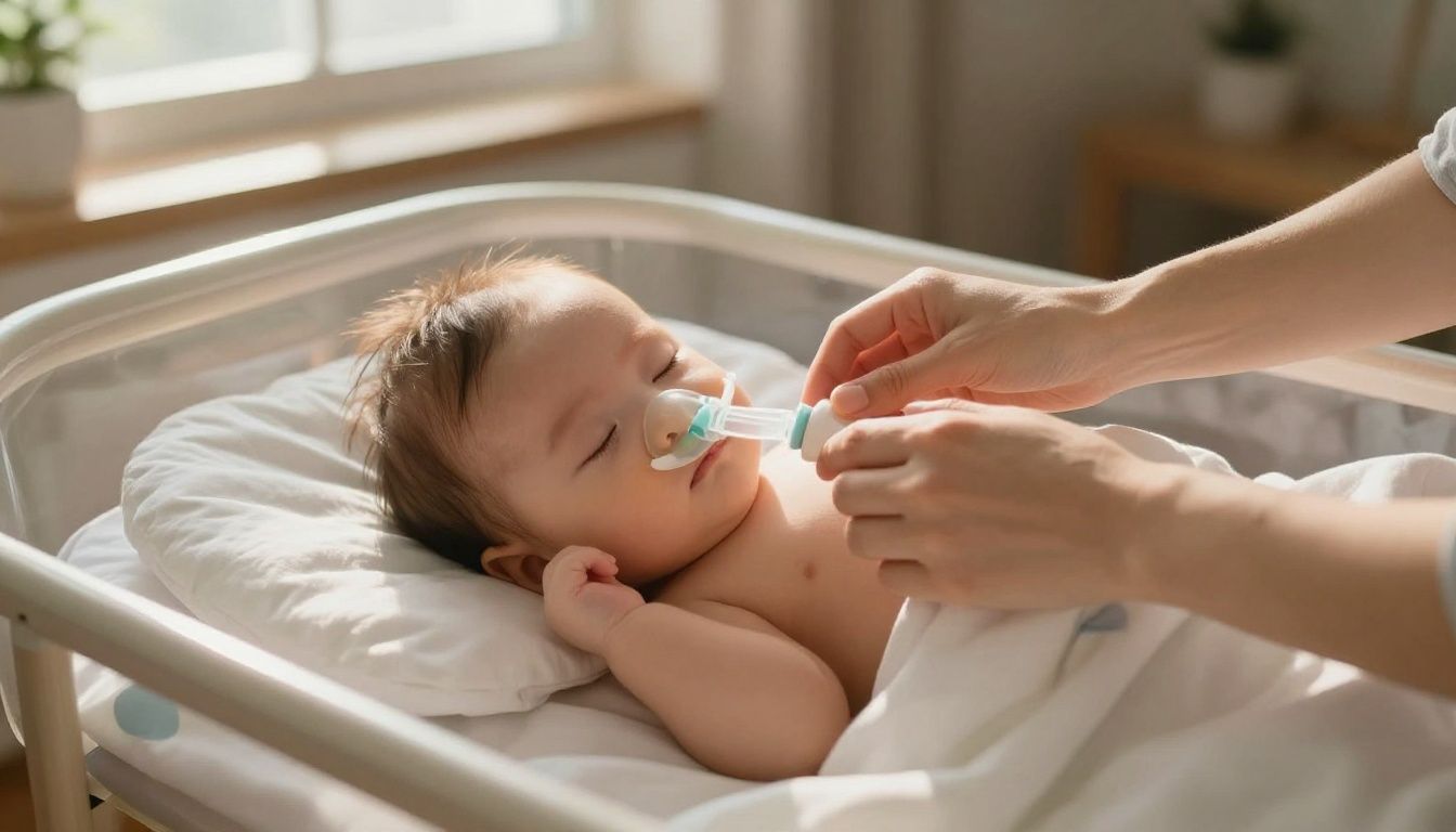 A mother's hands gently adjust a small nasal cannula on her sleeping infant, who is resting peacefully in a cozy bassinet at home. The morning light streams in through a nearby window, creating a warm and serene atmosphere.