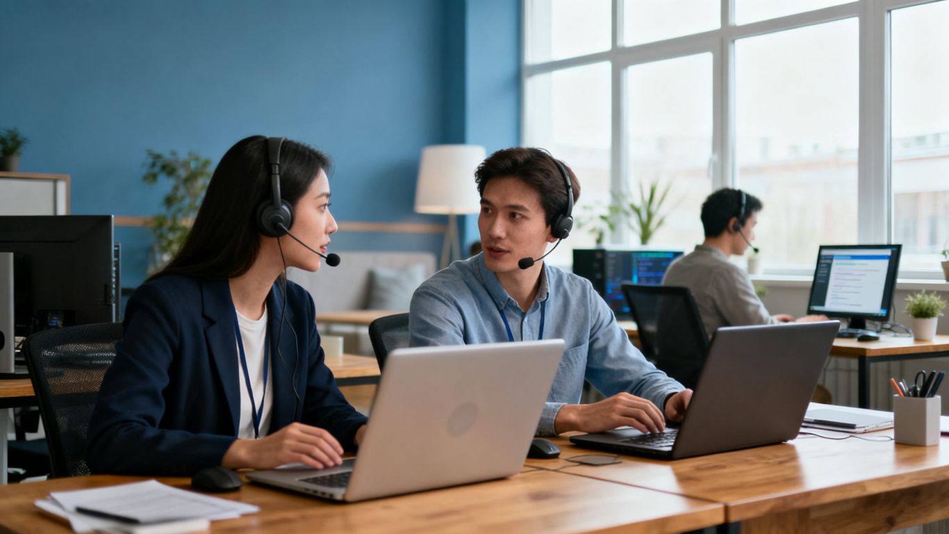 Equipo de soporte revisando solicitudes en una oficina