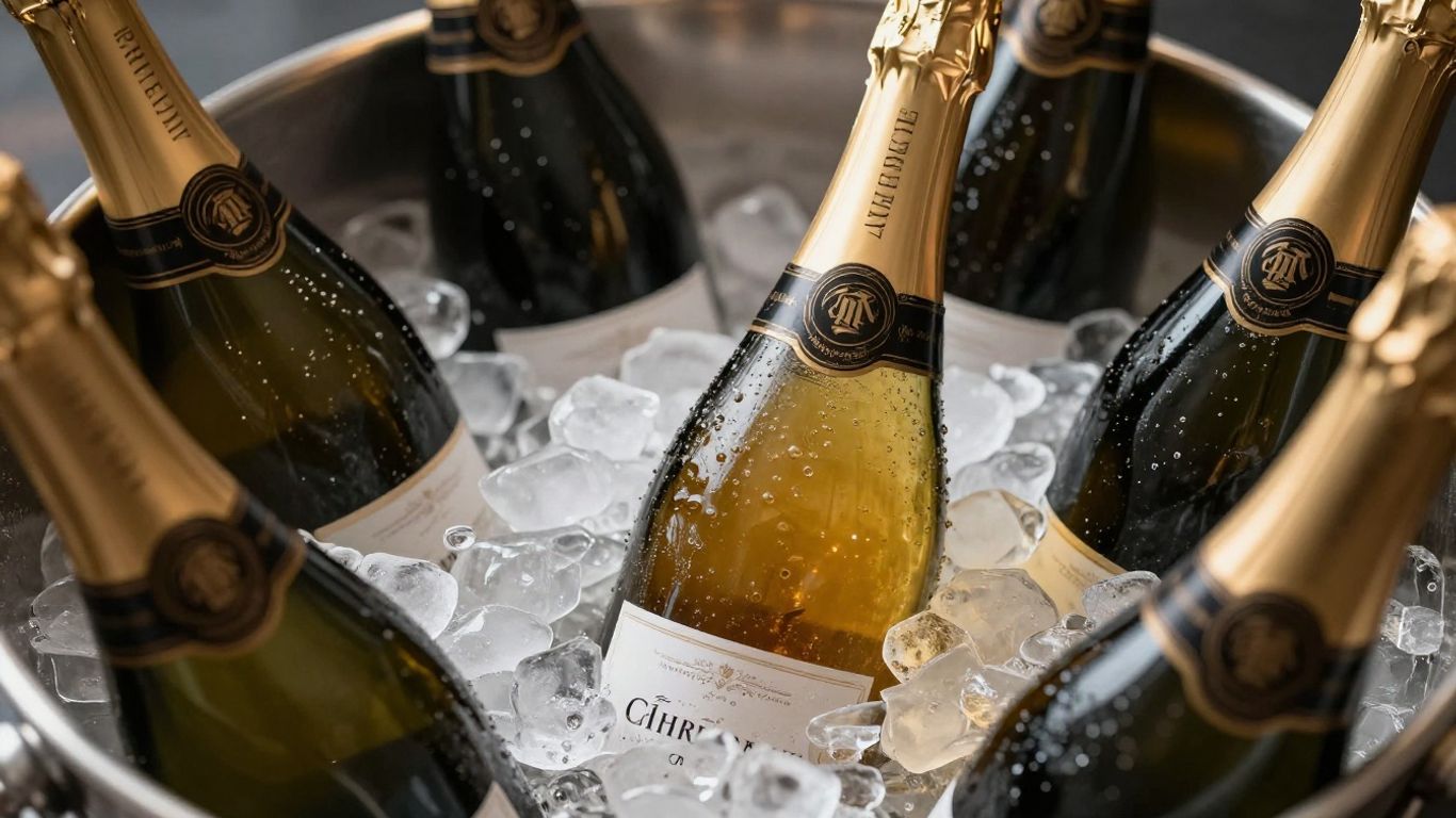 Chilled champagne bottles in an ice bucket.