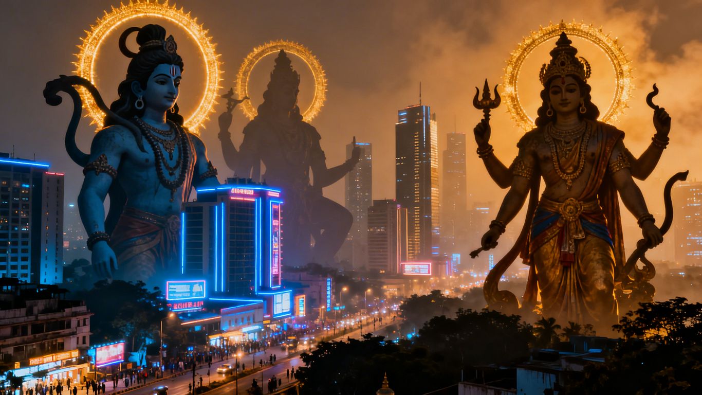 Indian mythology fused with modern English poetry and cityscape.