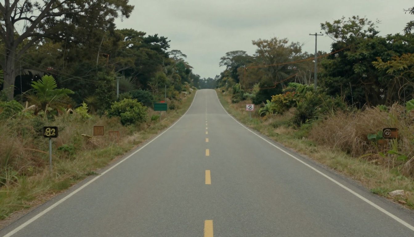 Um caminho iluminado e sinuoso que se estende por um mundo abstrato, representando precisão e desafio