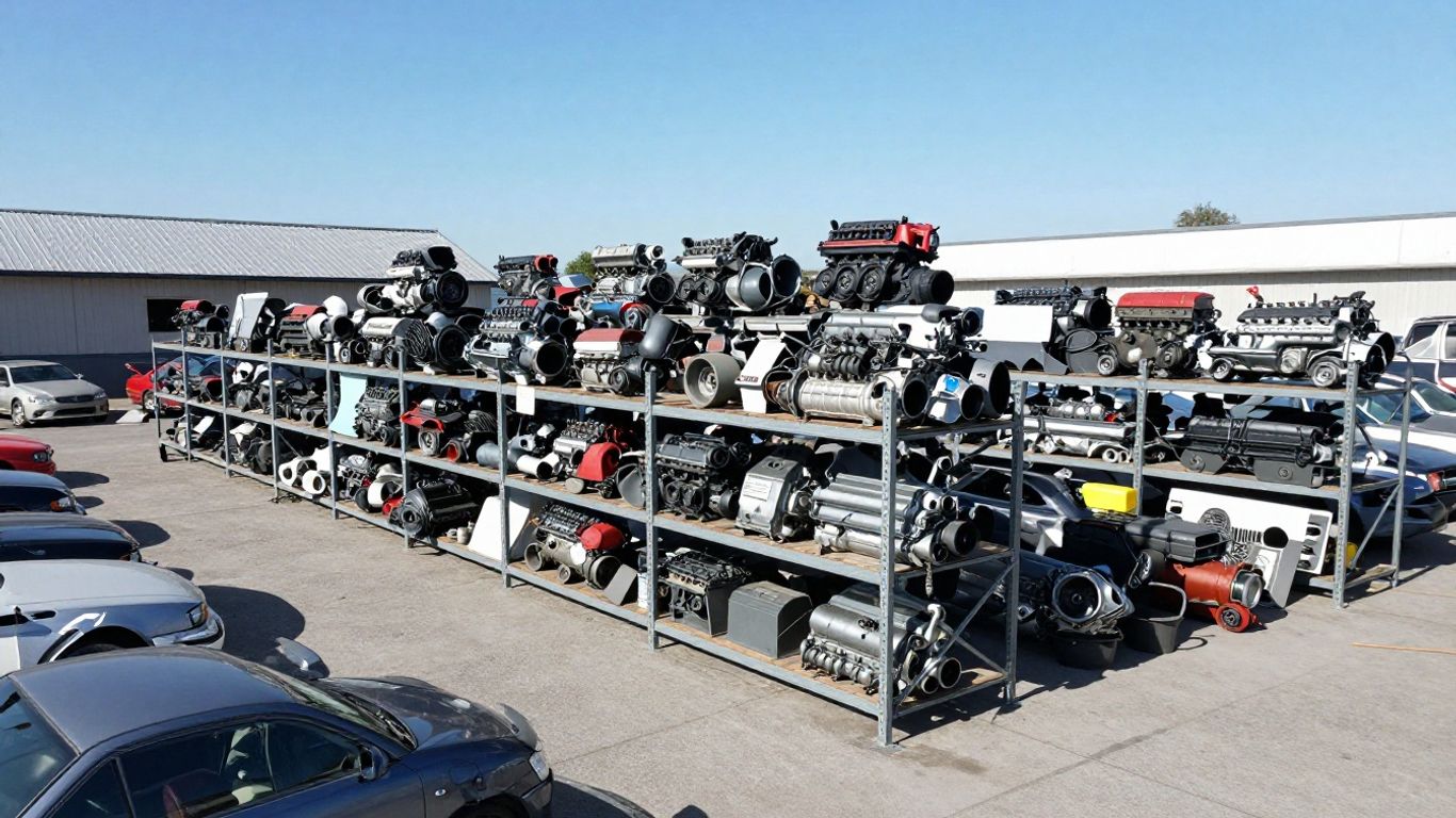 A clean organized salvage yard with automotive parts
