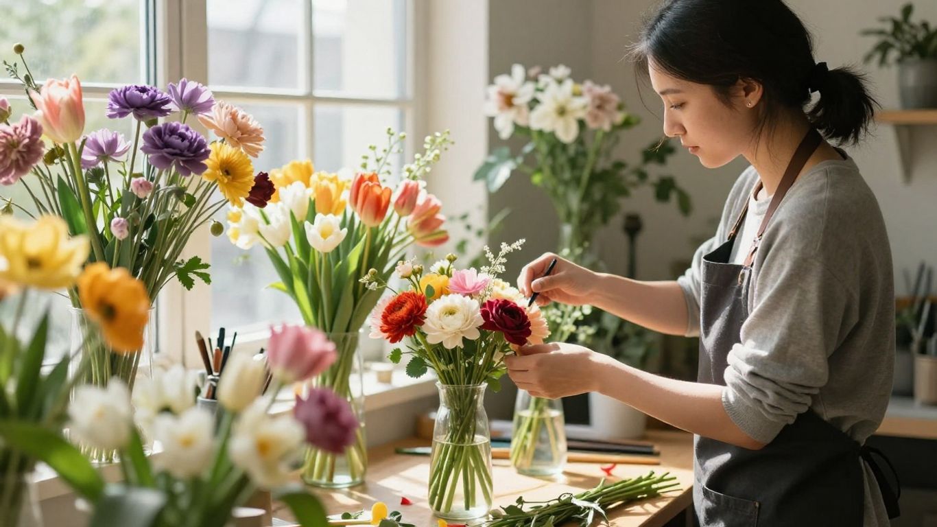 Local studio florist arranging fresh flowers for delivery