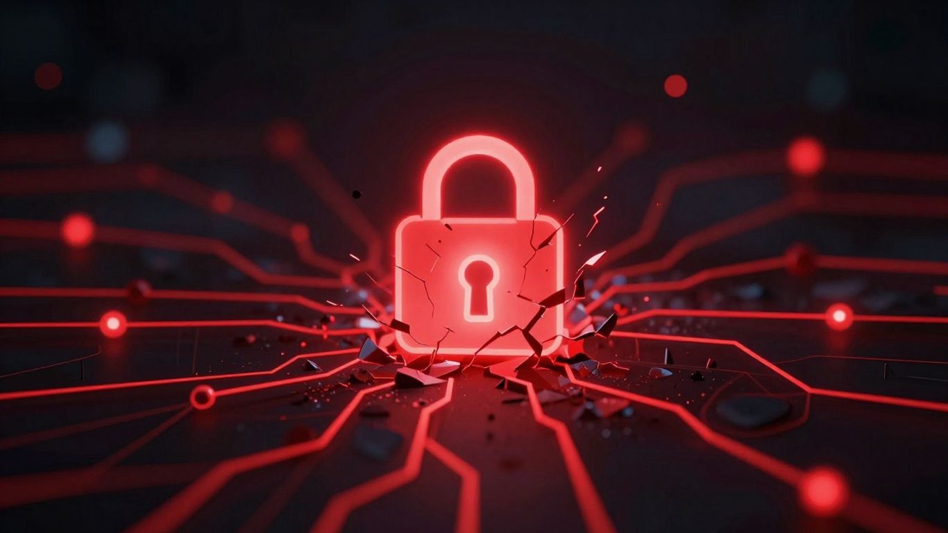 Fractured lock icon with glowing red lines, digital network background.