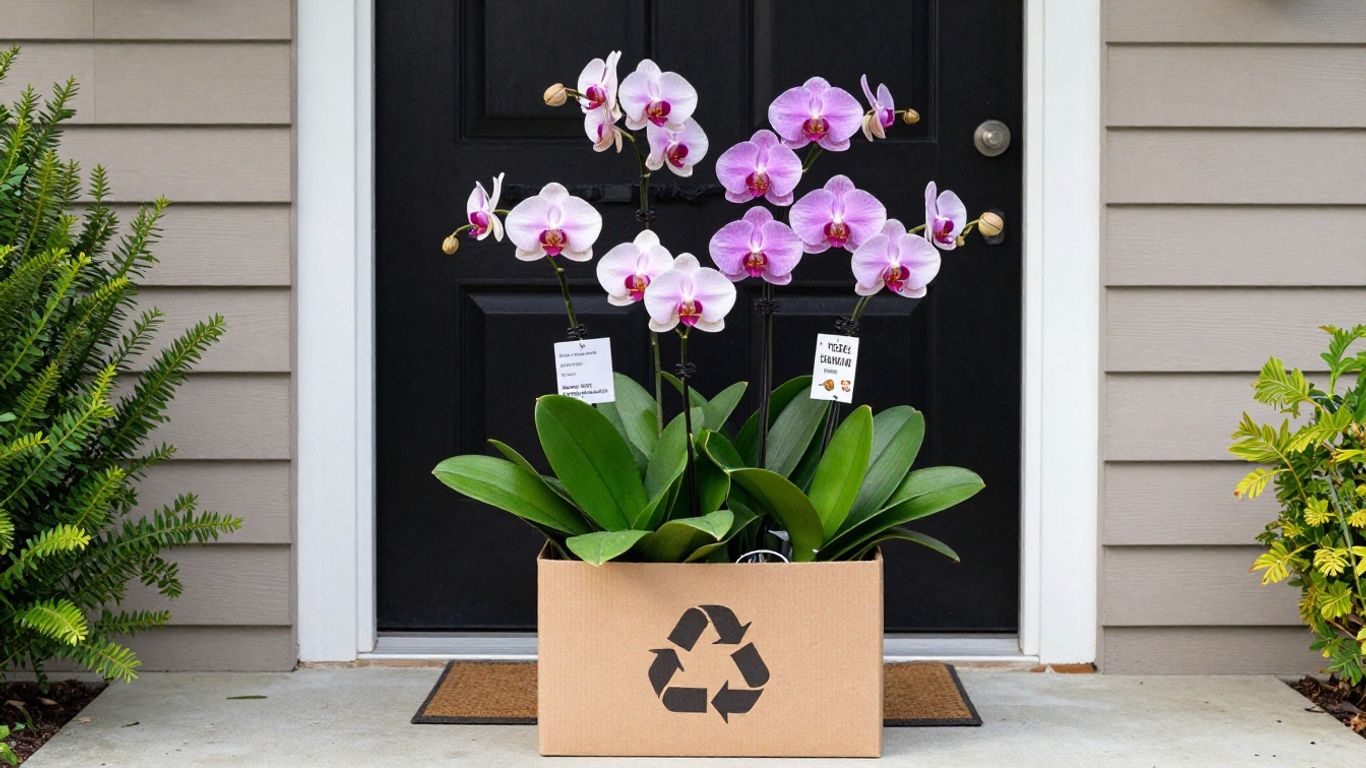Carefully packed orchid delivery near a front door