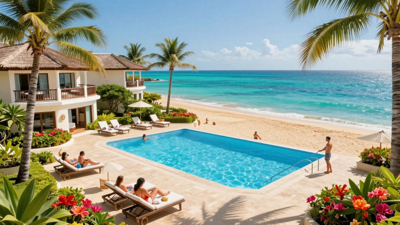 Punta Cana beach resort with pool and ocean view.