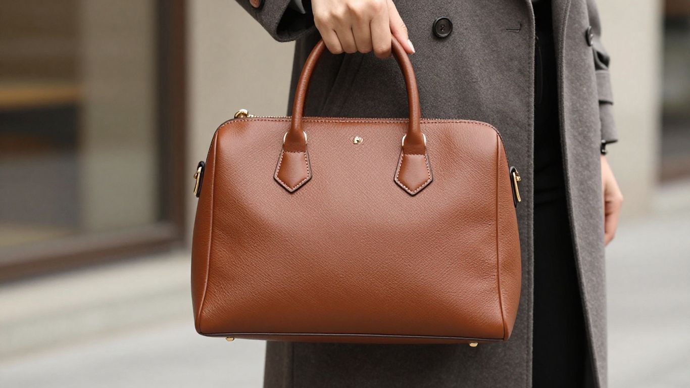 Woman holding a classic brown leather satchel bag.
