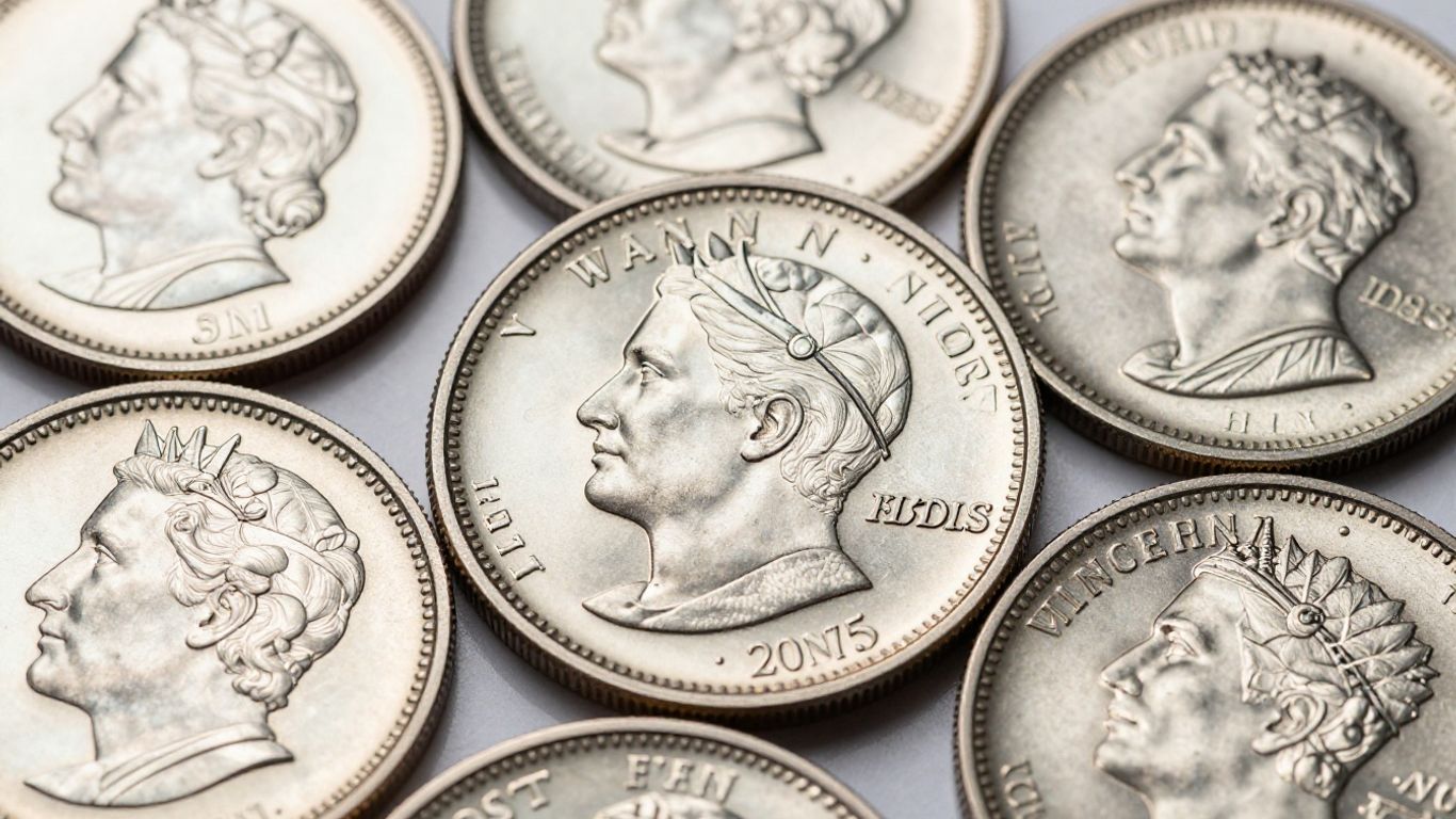 Close-up of shiny proof coins with frosted designs.