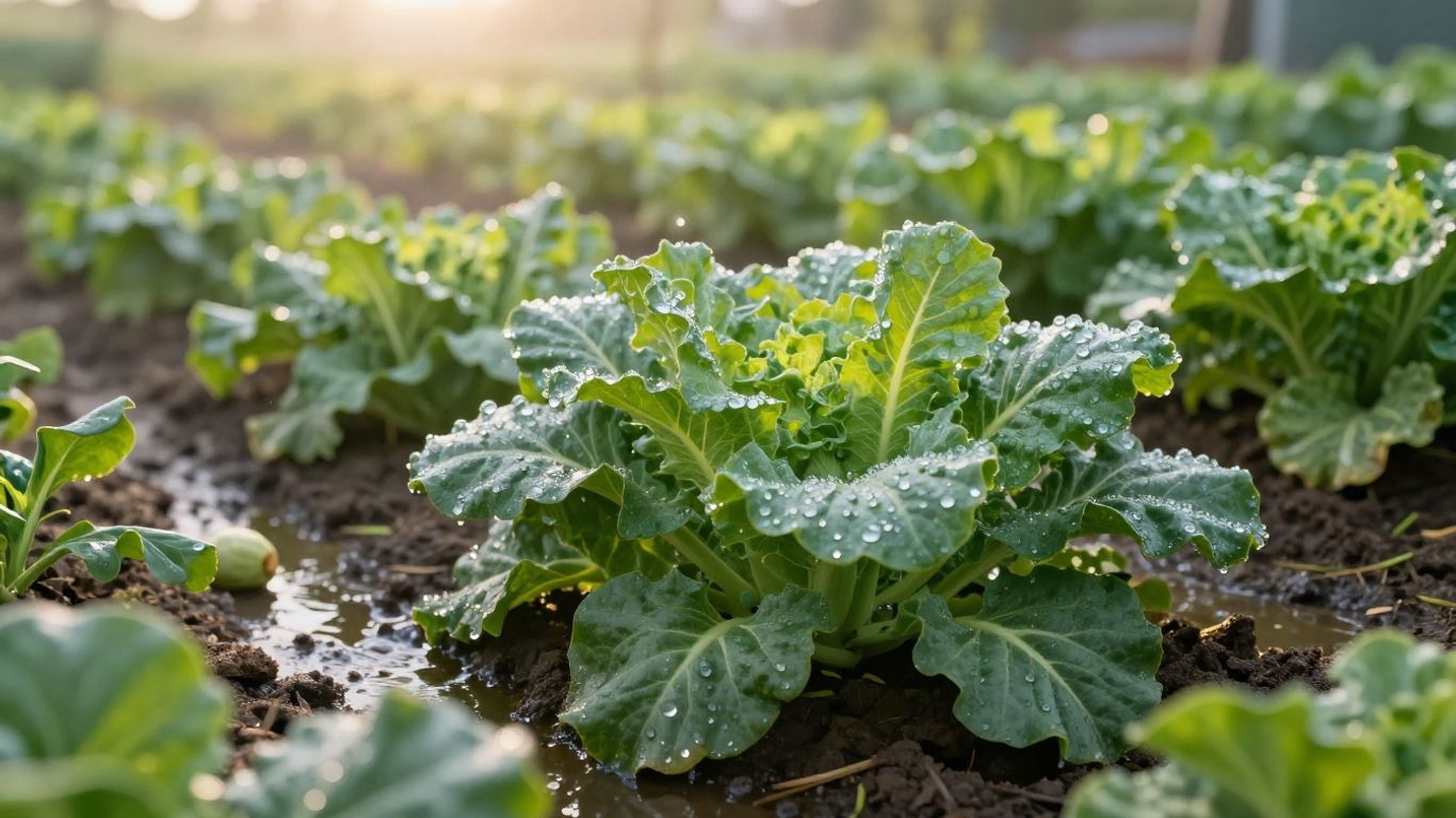 Arrosage d'un potager au lever ou coucher du soleil.