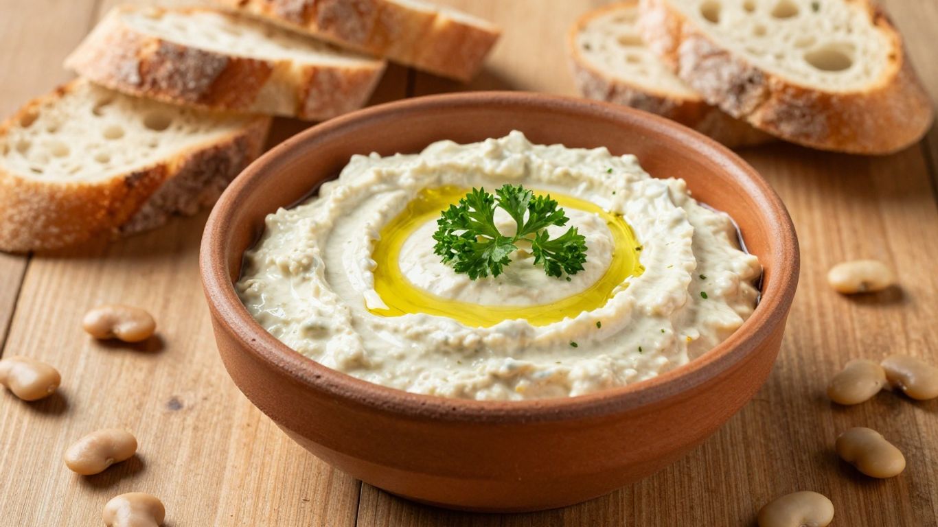Bigilla dip in a bowl with bread and beans