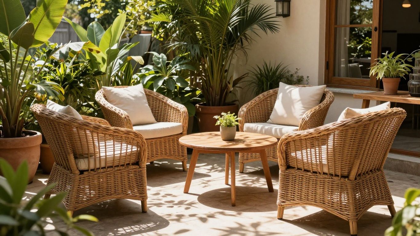 Stylish outdoor furniture on a sunny Airbnb patio.