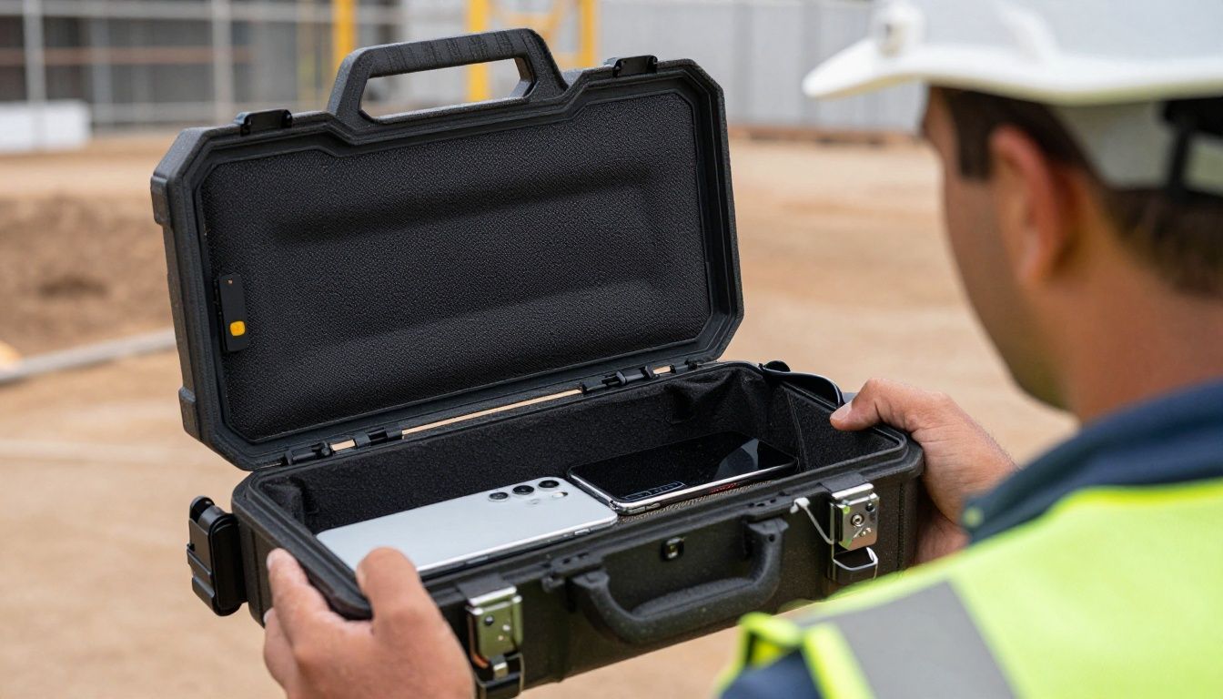 A tradie on a construction site in Australia, checking their Samsung Galaxy S25 in a rugged case.
