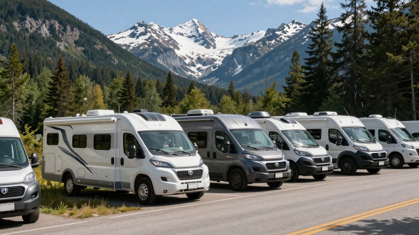 Various motorhomes parked on a scenic Canadian road.