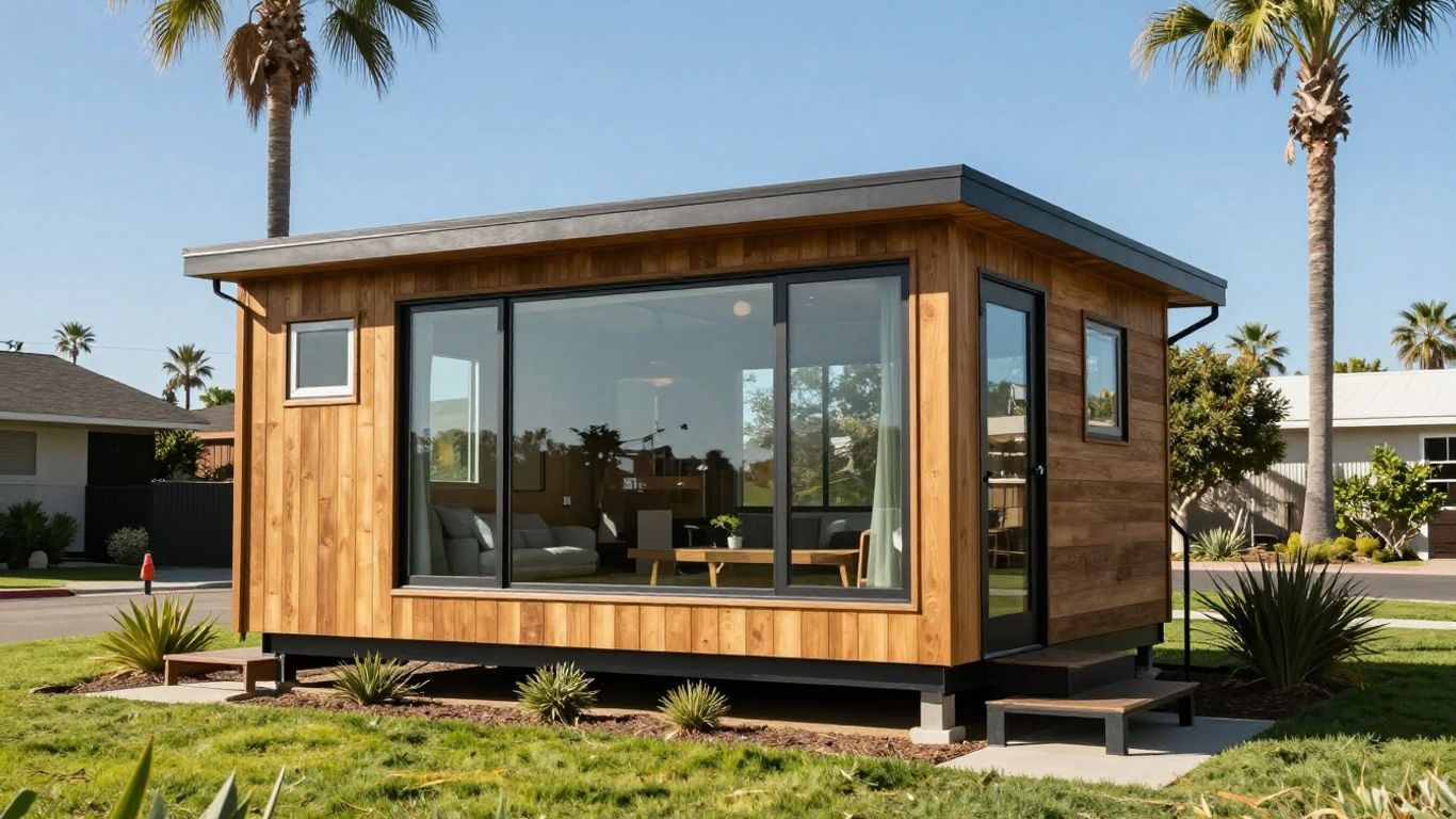 Modern tiny home with palm trees in California