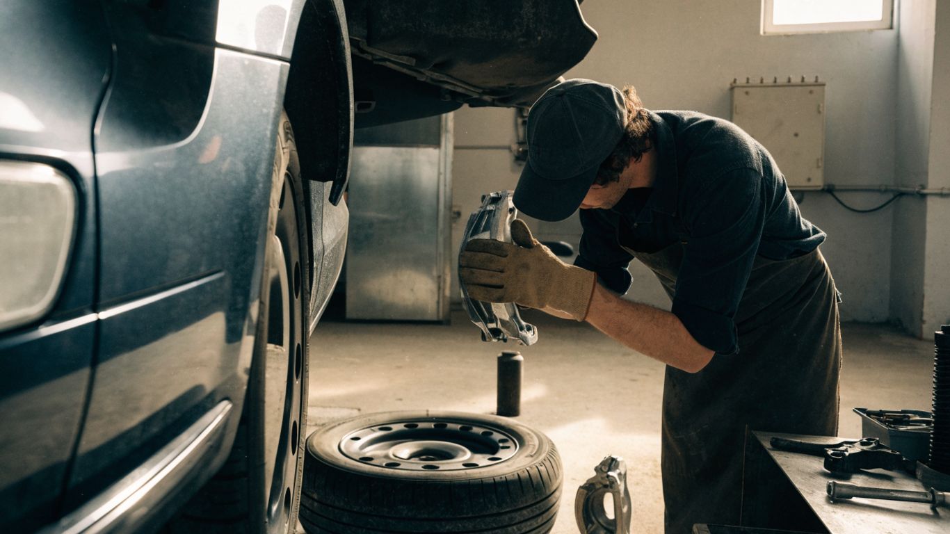 Seller inspecting a used brake caliper beside a vehicle