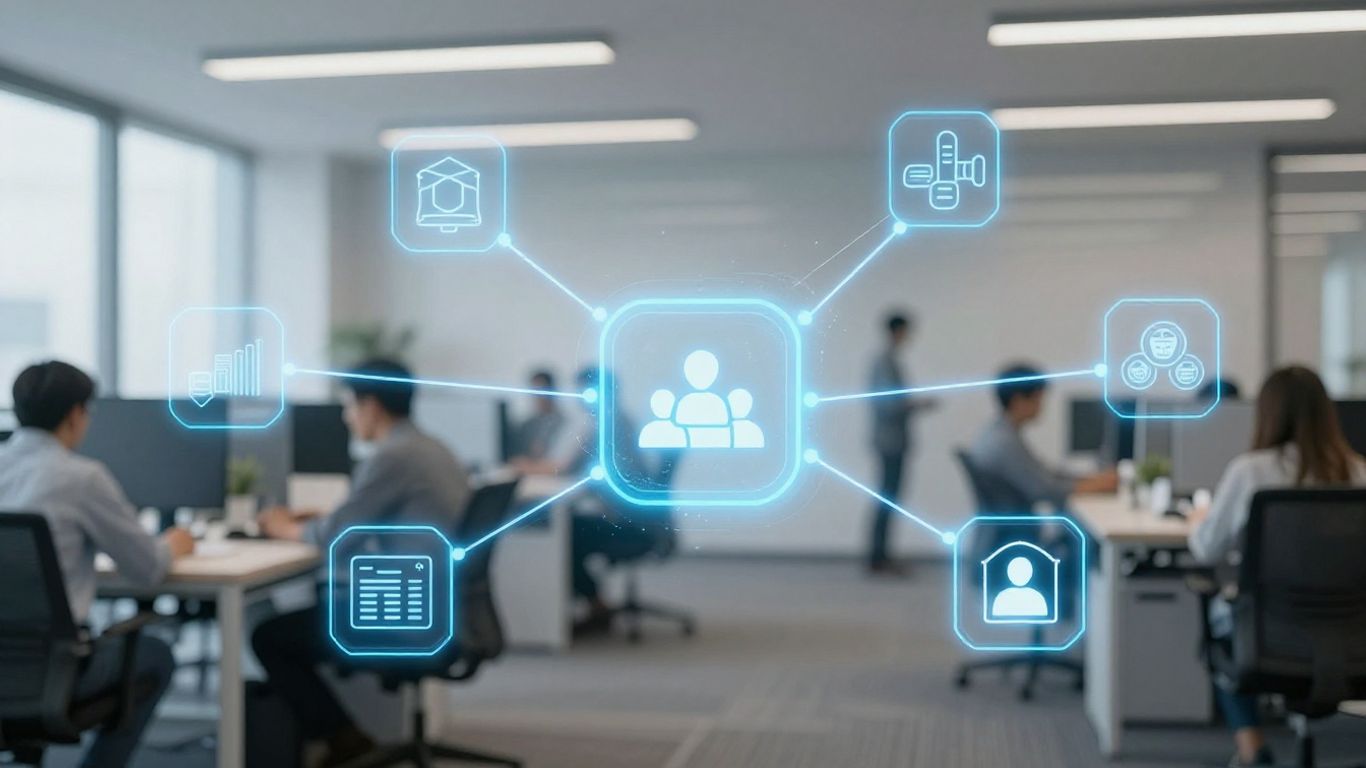 Iconos digitales conectados en un entorno de oficina moderno.