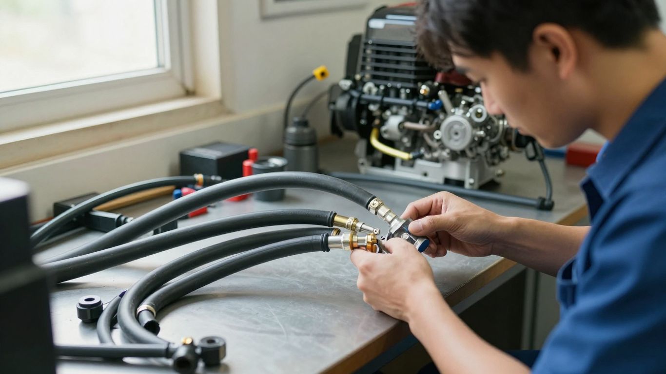 Maintenance tech inspects fuel lines