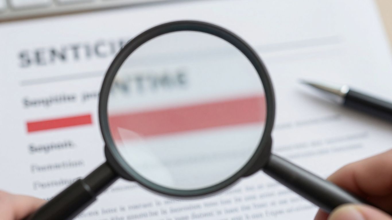 Blurred document with magnifying glass, data redaction.