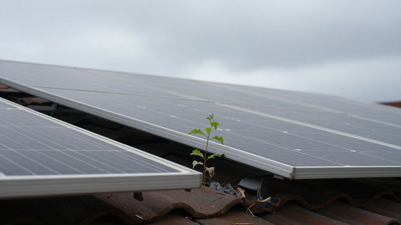 Solar panel on a cracked rooftop with a wilting plant.