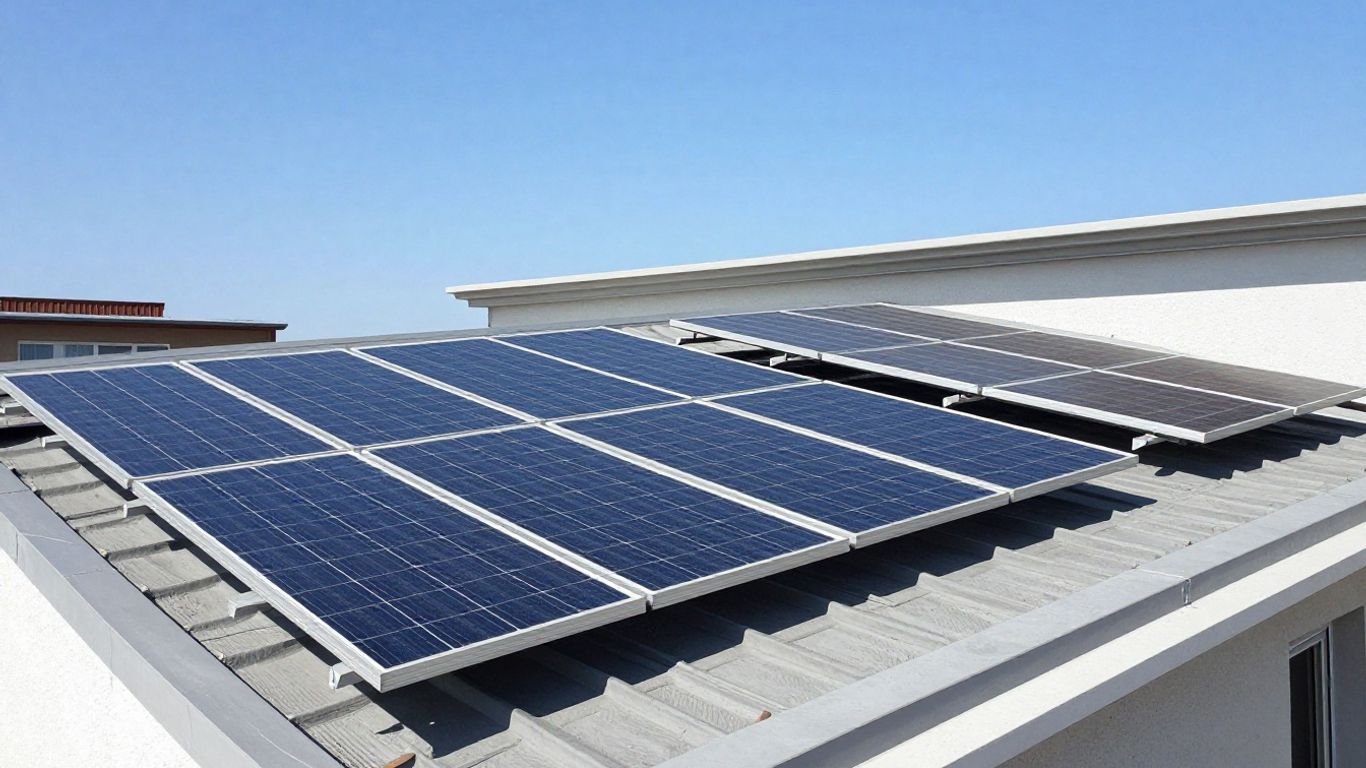Panneaux solaires sur un toit sous un ciel bleu.