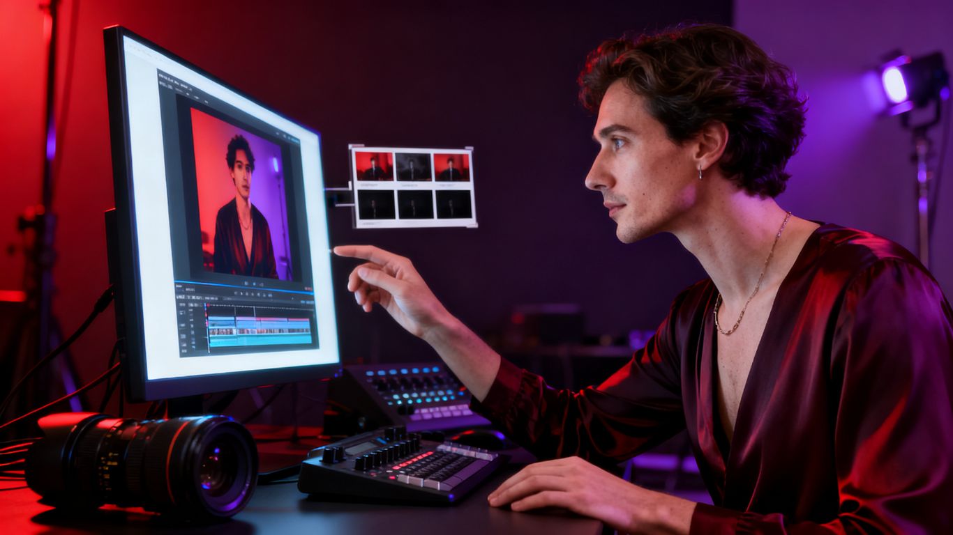Adult artist reviewing source footage for video transformation