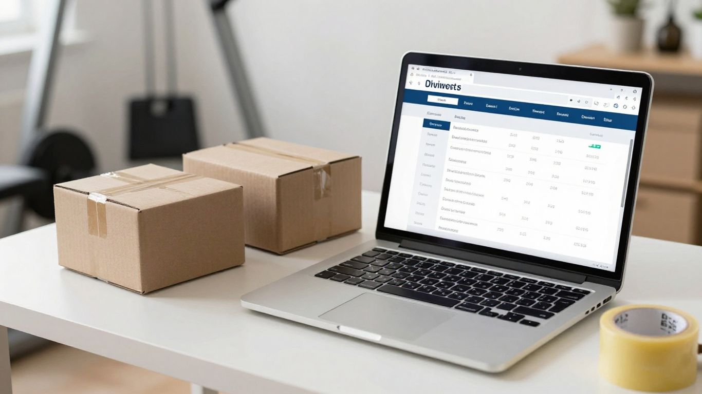 Dropshipping logistics workflow showing packages and laptops