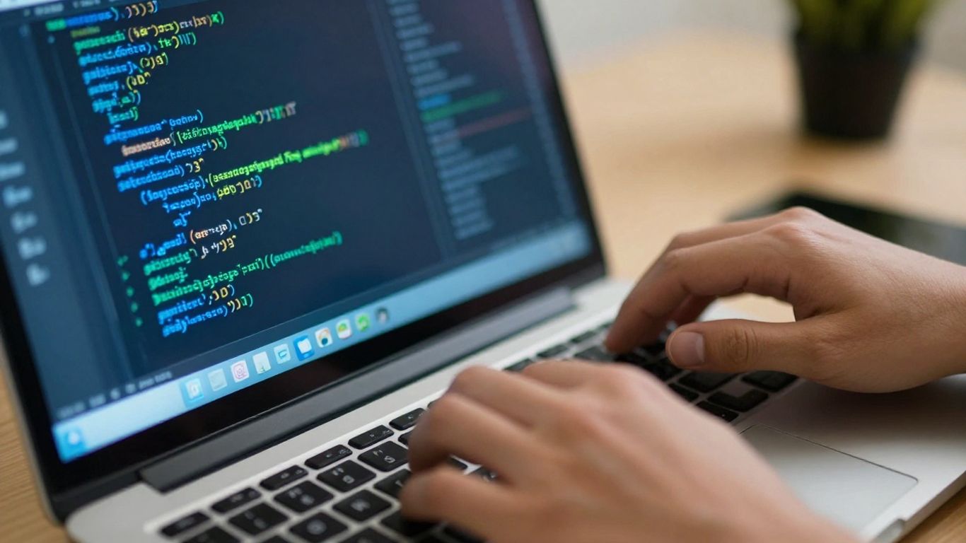 Hands typing code on a laptop screen.