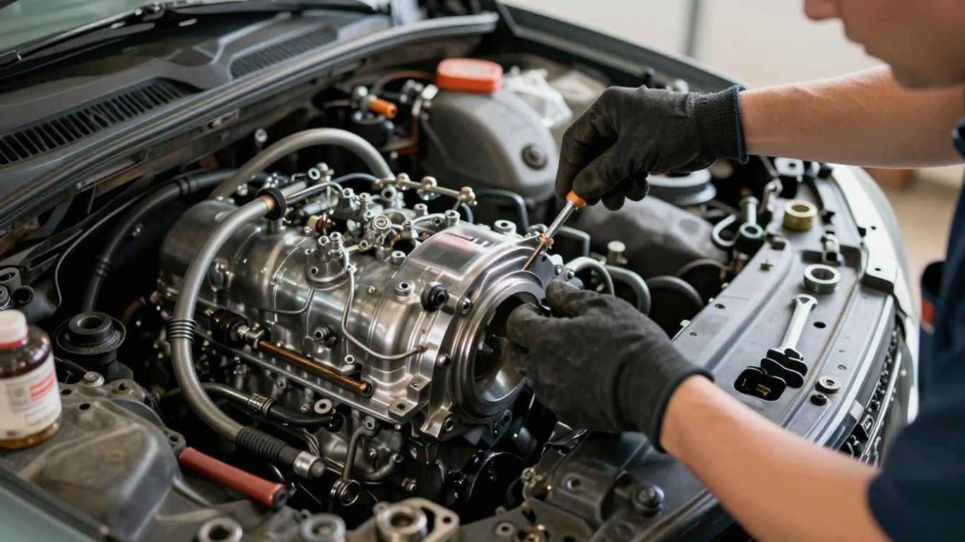 Mechanic installing a Holden engine in Melbourne workshop.