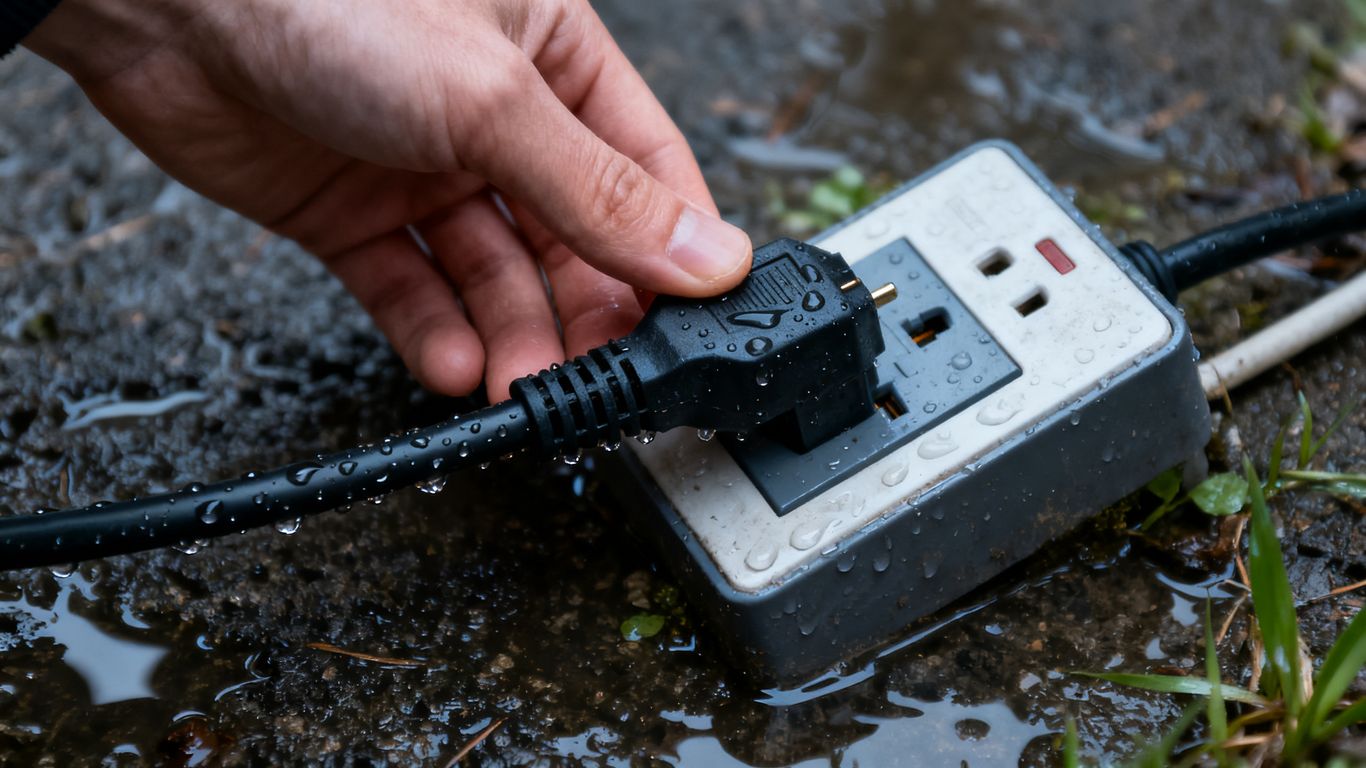 Unplugging electrical cord in wet spring conditions.