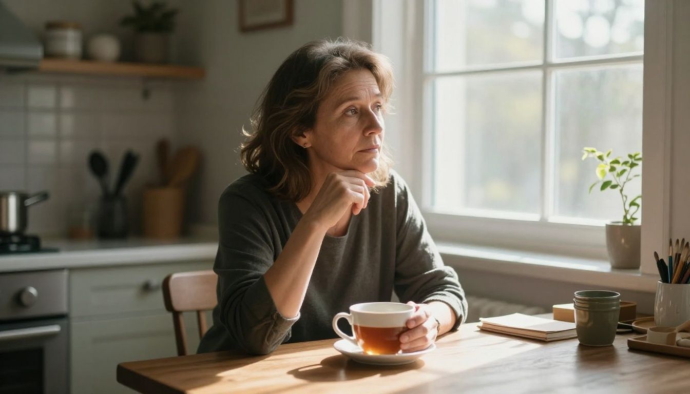 A middle-aged woman sits at a kitchen table with a cup of tea, looking thoughtfully out the window as early morning light streams in, conveying a moment of quiet reflection amidst caregiving responsibilities.