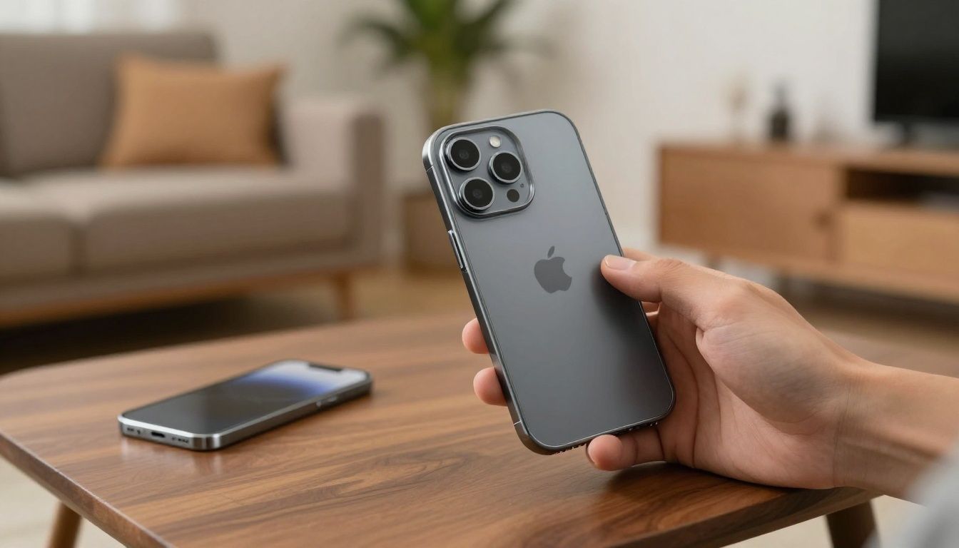 A person carefully fitting a sleek, protective case onto their new iPhone 16 Pro in a bright, modern living room.