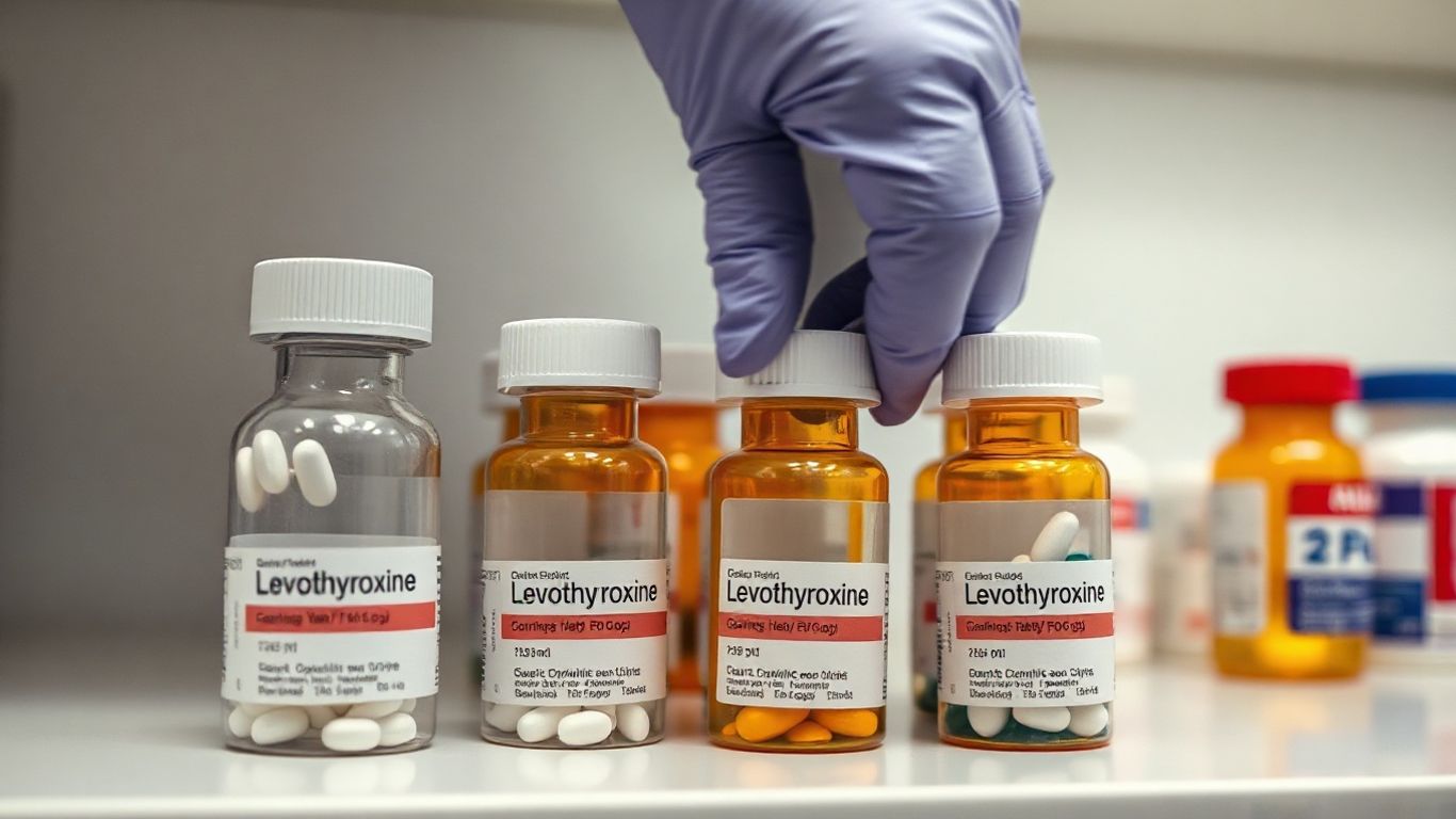 Pharmacist reaching for Levothyroxine bottle on pharmacy shelf