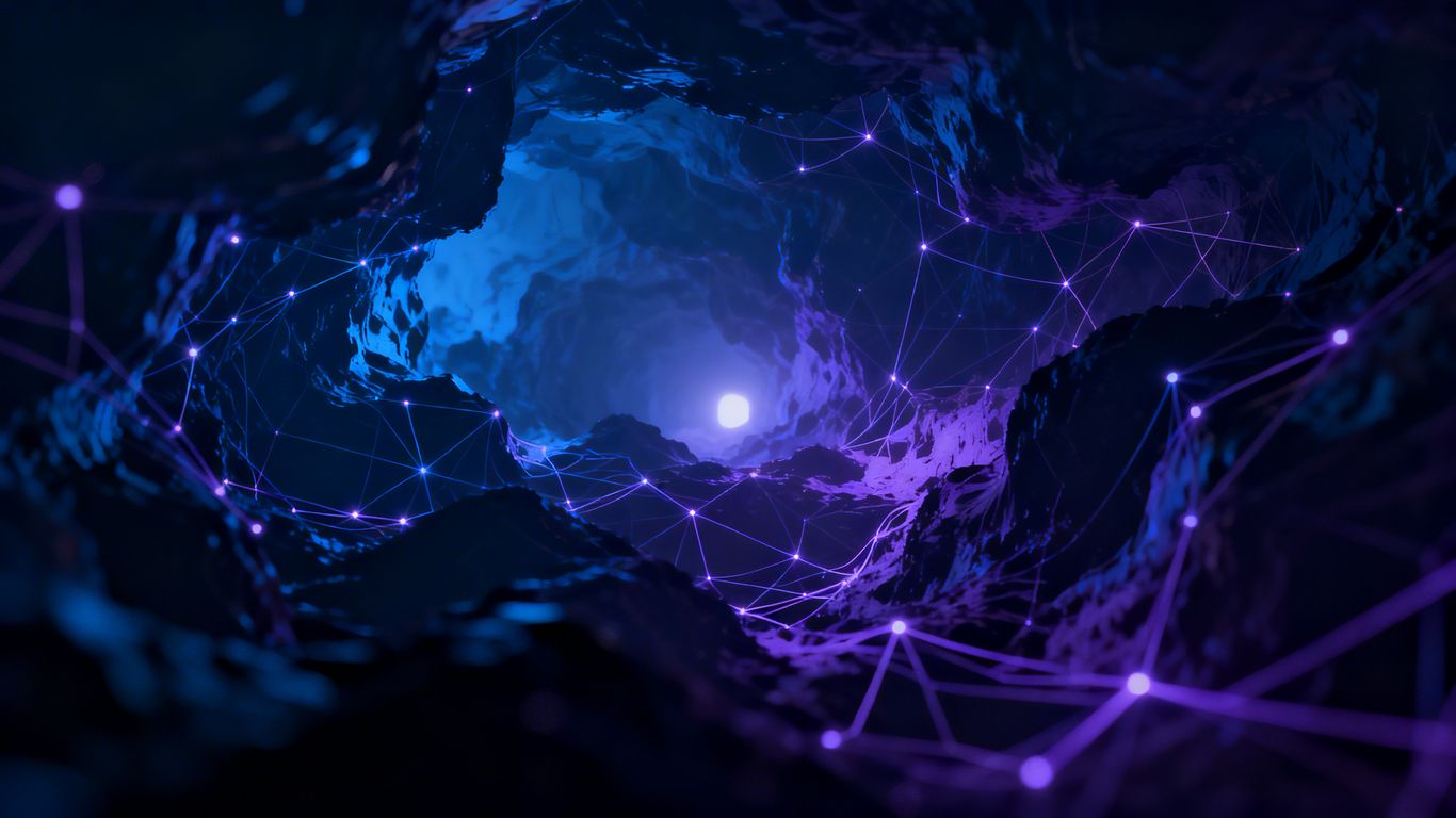 Abstract digital landscape with glowing lines and nodes.