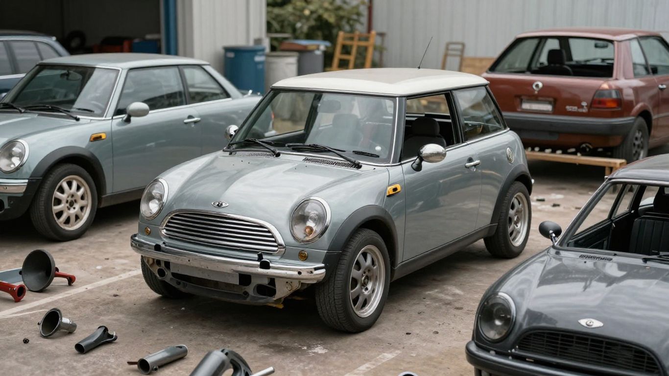 Mini Cooper R56 parts at a wrecking yard.