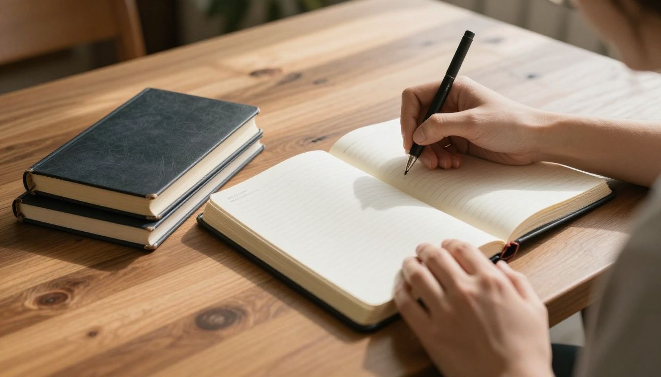 A person sits at a wooden table in a sunlit room, journaling in a notebook with an open Bible nearby, reflecting a moment of peaceful, prayerful consideration.