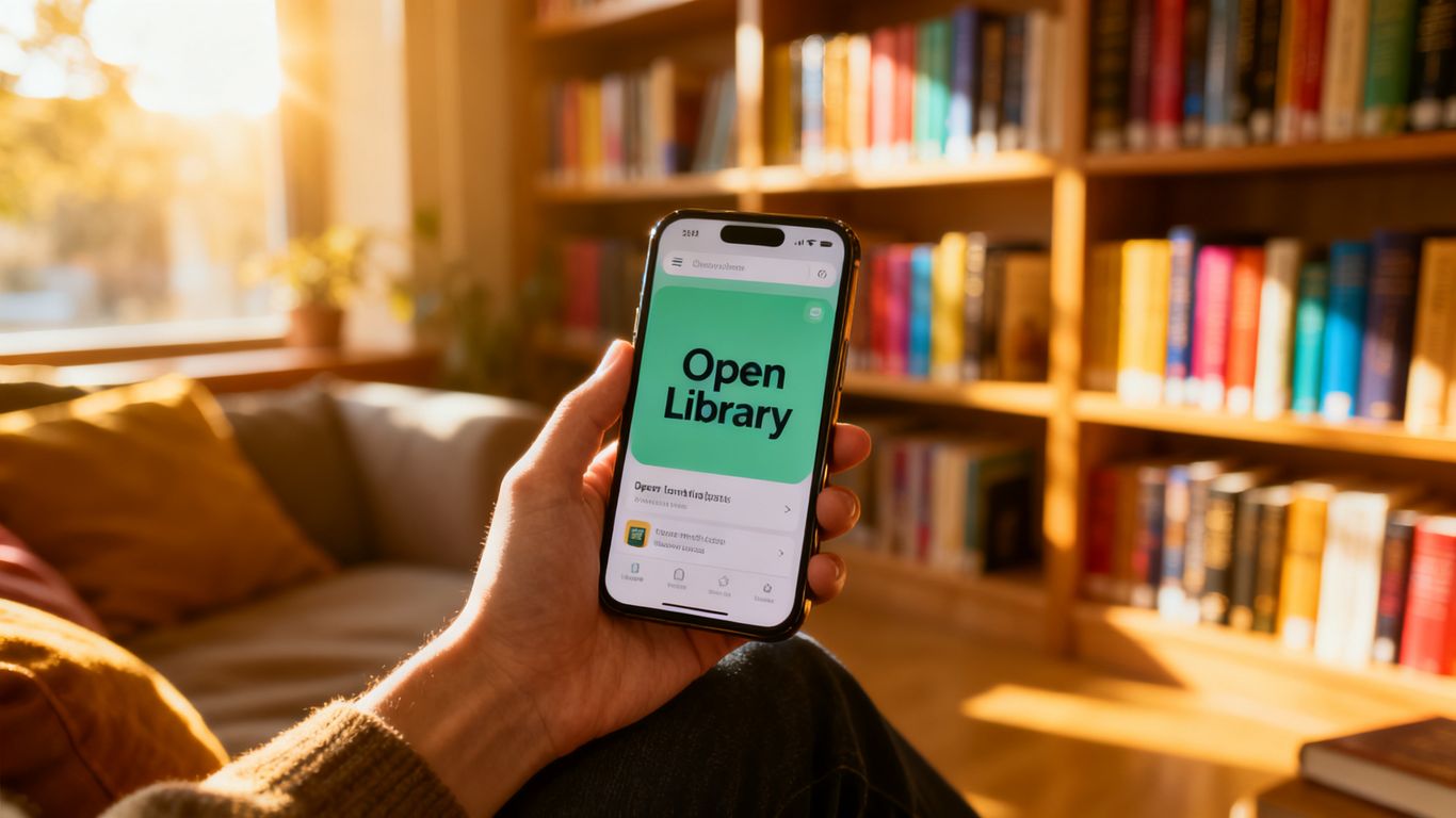 Smartphone showing Open Library app with books.