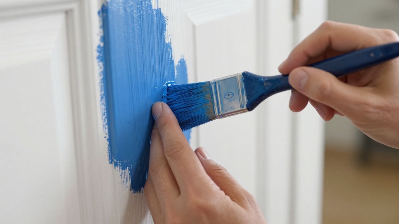 Painter applying blue paint to a white door.