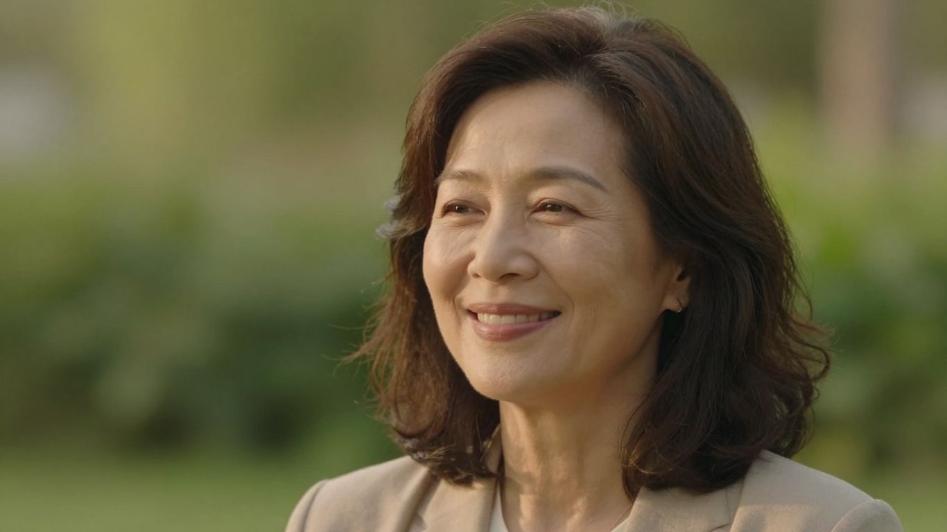 Mulher sorrindo com vitalidade e paz renovadas.