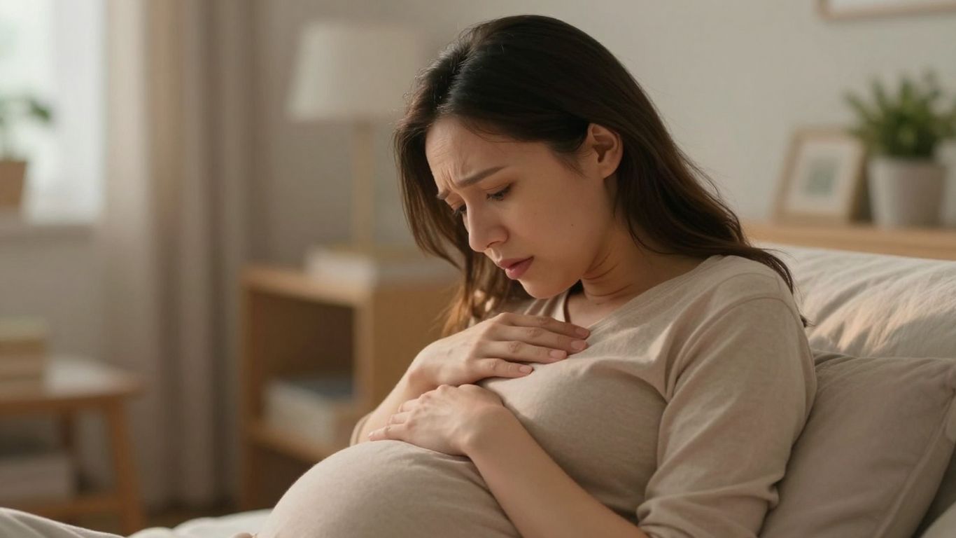 Grávida com mão na barriga, expressando preocupação e esperança.