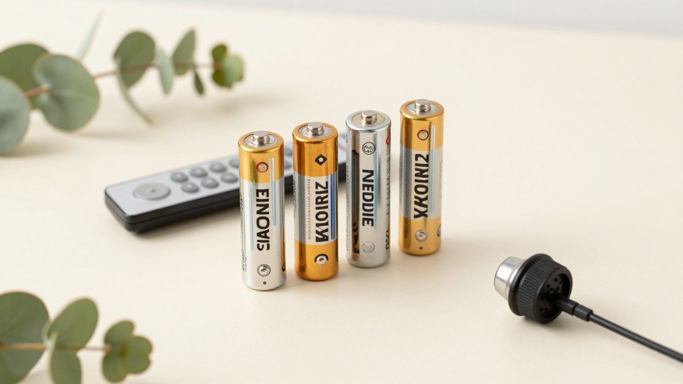Alkaline and lithium batteries beside household devices