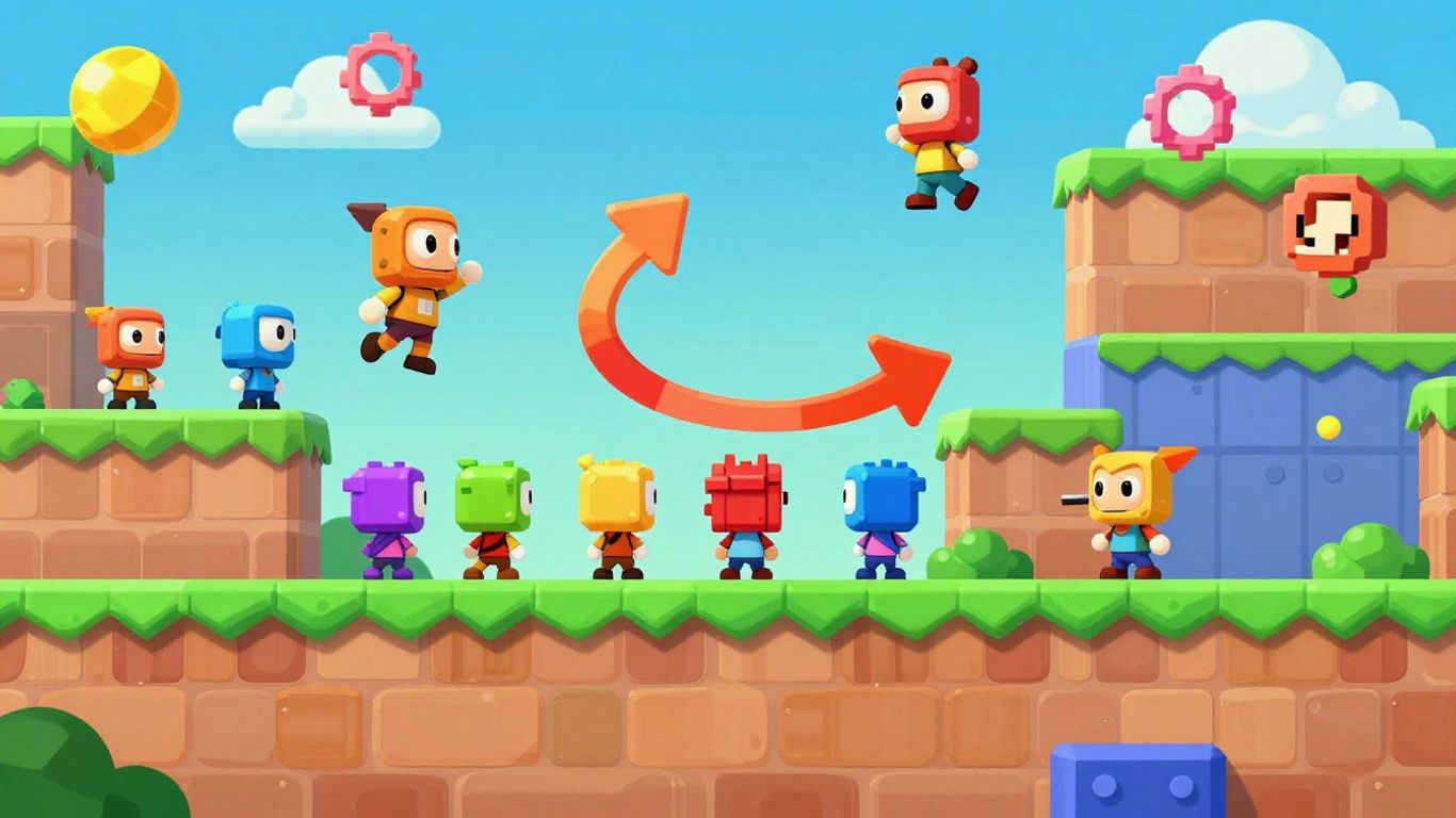 Colorful game elements floating in a playful digital space.